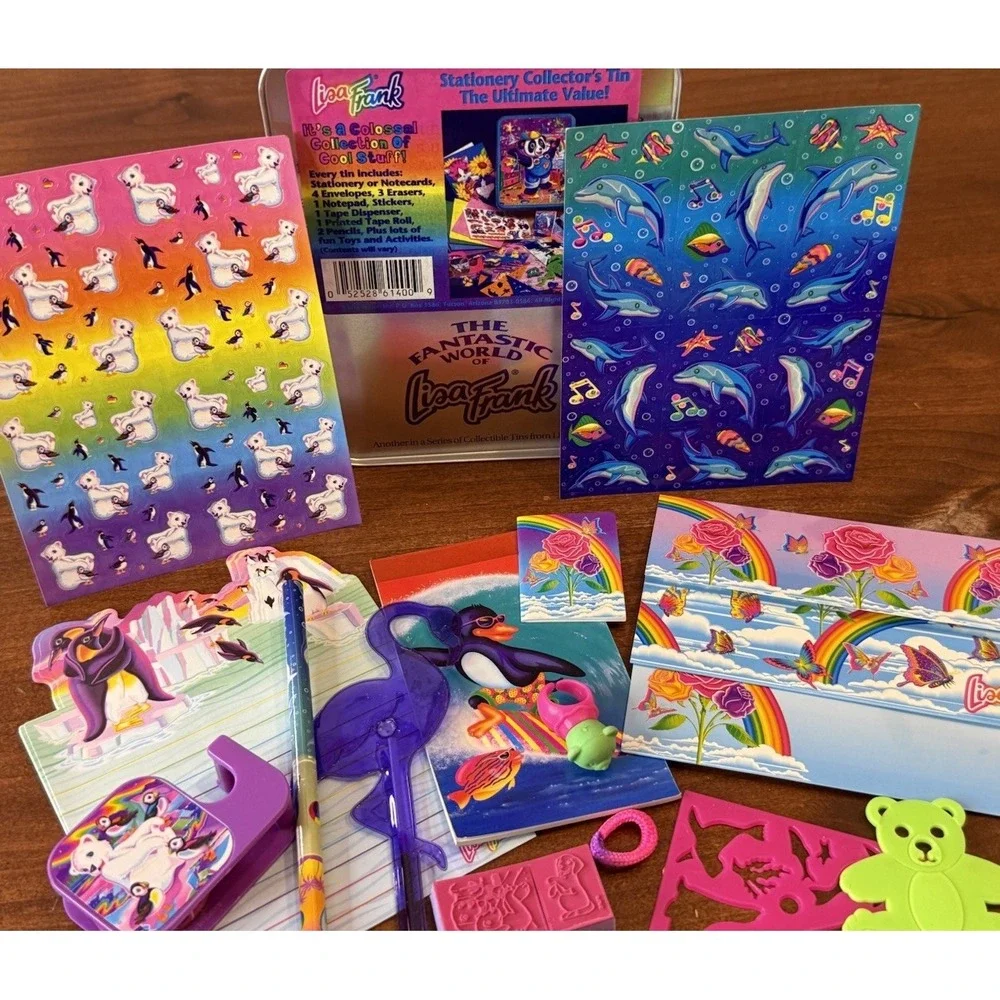 VTG Lisa Frank Stationery Set Collectors Unicorn Rainbow Tin Near Complete Rare